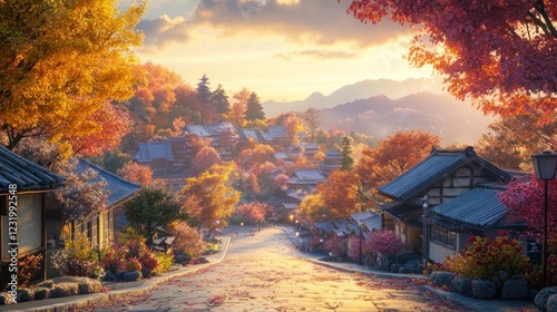 A serene Japanese village scene with vibrant autumn foliage at golden hour