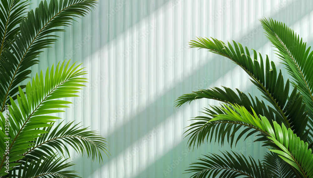 Fototapeta premium Tropical leaves against frosted glass background, serene indoor nature
