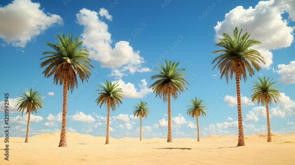 Obraz premium Oasis palms, desert sands, blue sky, summer
