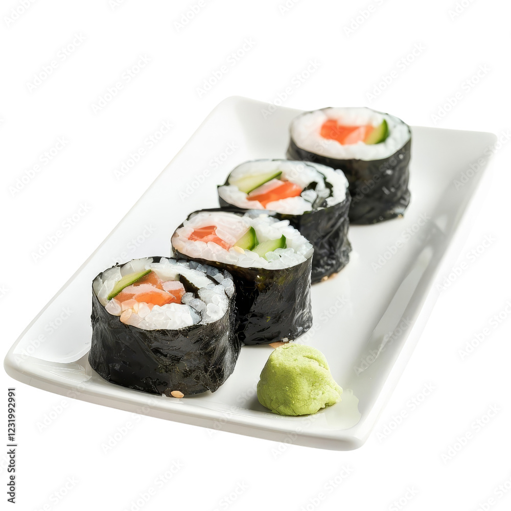 A photo of fresh sushi rolls with salmon, cucumber, and rice on a white plate, served with wasabi. A photo of fresh sushi rolls with salmon, cucumber, and rice on a white plate, served with wasabi.