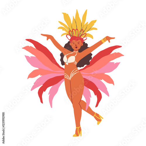 Girl in a feathered costume dances samba at a Brazilian carnival