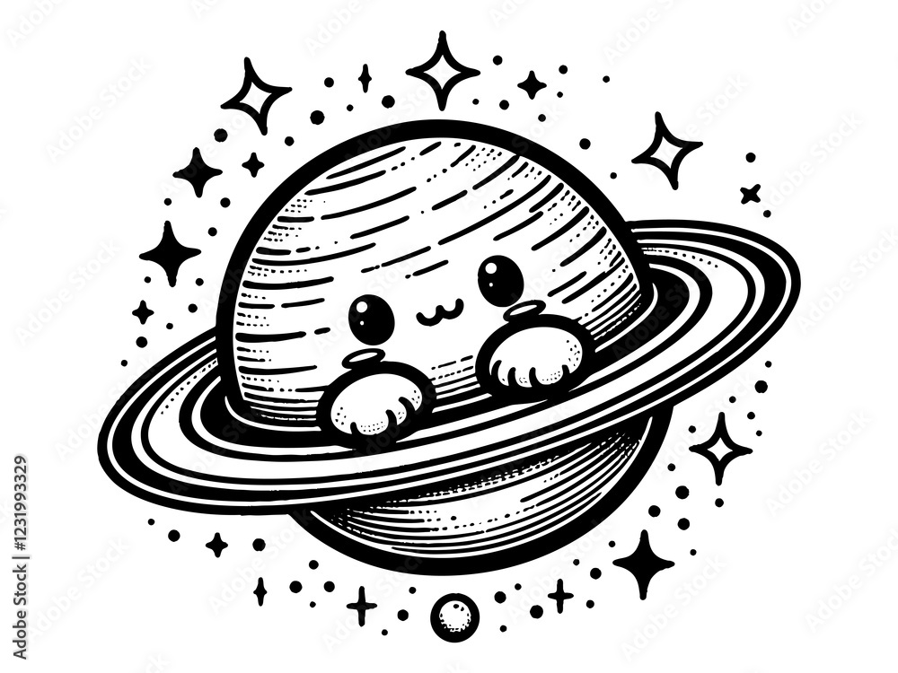 Fototapeta premium Adorable Saturn with a kawaii face, surrounded by stars, blending space and cute cartoon aesthetics sketch engraving generative ai PNG illustration. Scratch board imitation. Black and white image
