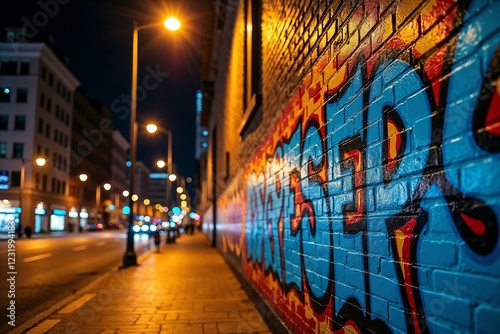 Nighttime cityscape with glowing lampposts and vibrant graffiti painted by artist on street wall