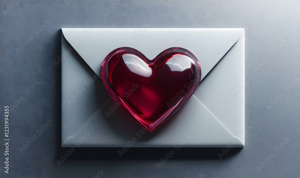 Red glass heart on white envelope, dark background, Valentine's Day card