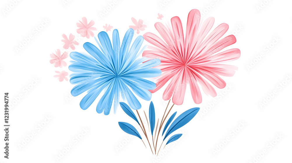 Obraz premium Pink and blue stylized flowers forming heart shape, white background; perfect for greeting cards