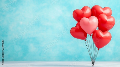 Romantic Heart Balloons Floating Against Teal Background