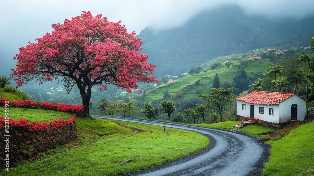 Pink tree blossoms near a winding road and white house in a misty mountain valley. Pink tree blossoms near a winding road and white house in a misty mountain valley.