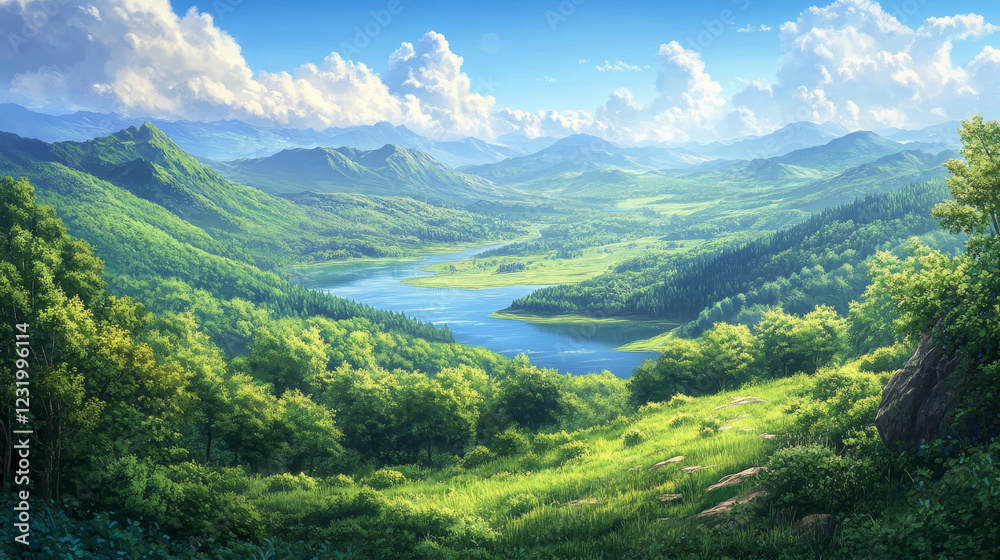 Fototapeta premium Spring mountain nature and green forest plants vector landscape illustration. Summer hill cartoon scenery with lake or pond, cloud and sun beam. Sunny valley near flowing river with tree and bush