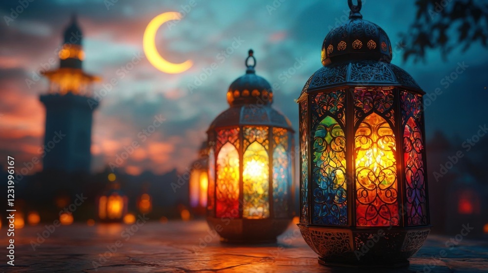 Fototapeta premium Vibrant Islamic Lanterns with Intricate Glass Panels and Crescent Moon – Glowing Ramadan Scene
