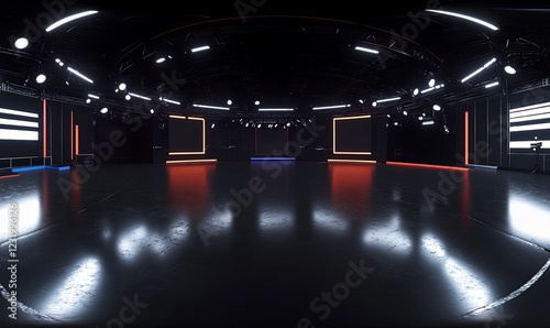 Empty illuminated stage in dark studio, ready for event or performance, 360 view