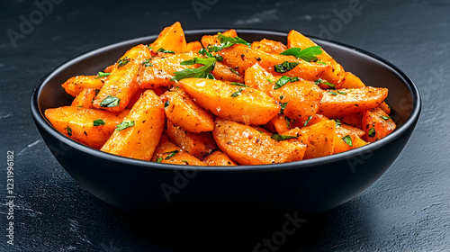 Roasted potato wedges in bowl, herbs garnish, dark background, food photography for recipe website photo