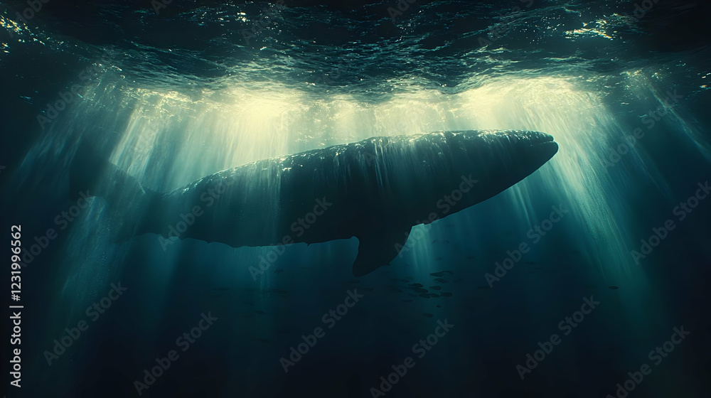 Naklejka premium Pixel Art Whale Silhouette Underwater Sunlight Dark Blue Ocean