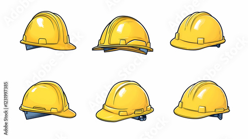 Six yellow hard hats, various angles, white background; safety, construction, industry icon set
