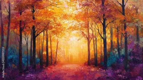 A vibrant autumn forest painting with warm orange and yellow colors, and a pathway in the middle