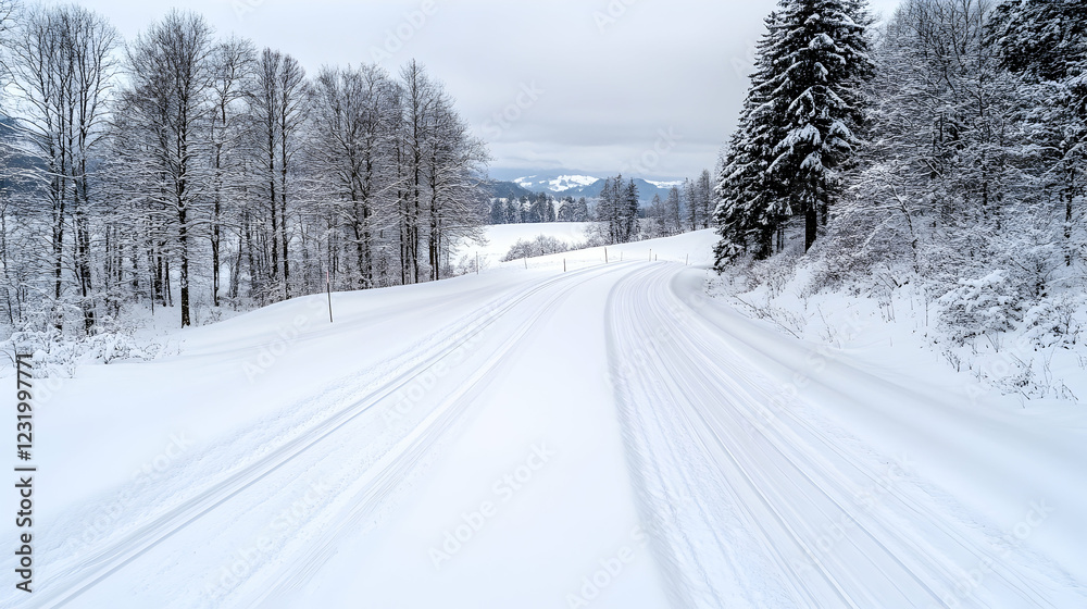 Snowy road winding through winter forest, mountains in background; ideal for travel or winter scenery Snowy road winding through winter forest, mountains in background; ideal for travel or winter scenery