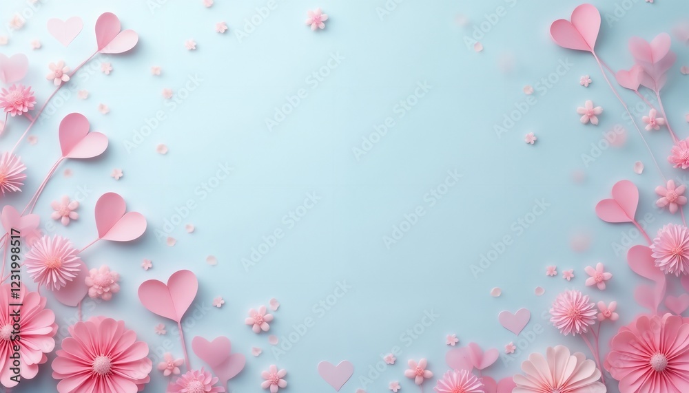 abstract festive background of pink flowers and heart shapes on a soft cyan background for Valentine's Day celebrations abstract festive background of pink flowers and heart shapes on a soft cyan background for Valentine's Day celebrations