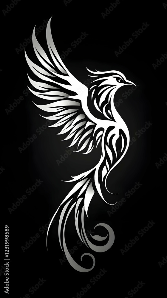 Stylized phoenix bird design, black background, artistic illustration, perfect for tattoo or graphic design Stylized phoenix bird design, black background, artistic illustration, perfect for tattoo or graphic design