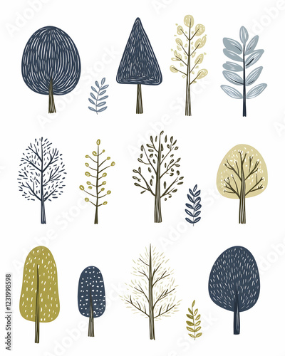Stylized tree illustrations; autumn foliage; white background; design elements; for crafting