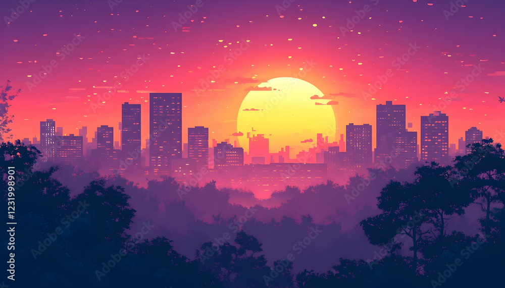 Fototapeta premium Sunset cityscape view from a hilltop, featuring city skyline at dusk, ideal for travel brochures