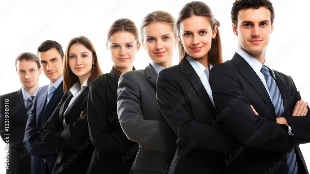 Group of businesspeople wearing suits and ties standing side by side with arms crossed, smiling confidently against isolated white background, professionalism and teamwork. Business people portrait. Group of businesspeople wearing suits and ties standing side by side with arms crossed, smiling confidently against isolated white background, professionalism and teamwork. Business people portrait.