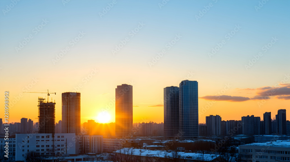 Obraz premium Sunset cityscape, winter, construction, urban development, background for real estate