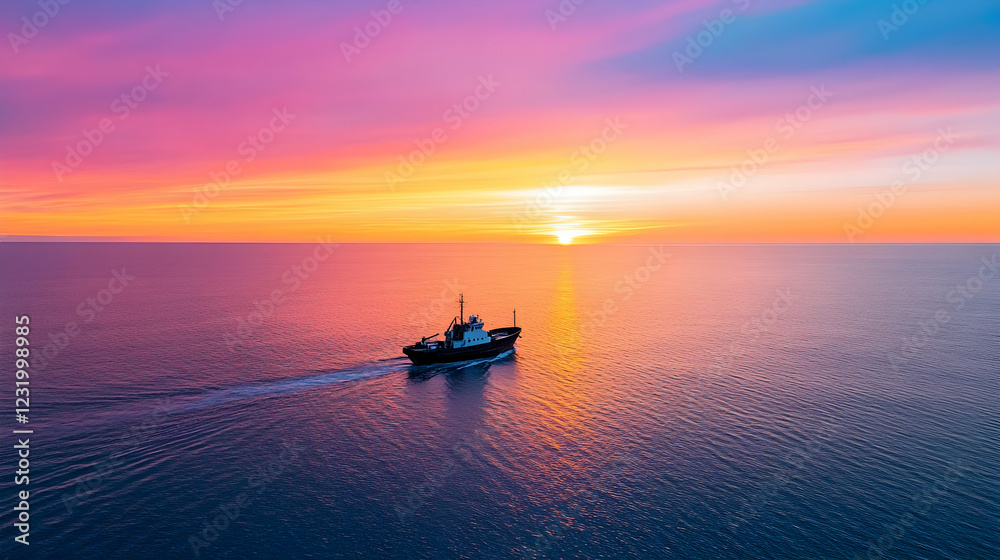 Cargo ship sailing at sunset, ocean, calm waters, vibrant sky, travel Cargo ship sailing at sunset, ocean, calm waters, vibrant sky, travel