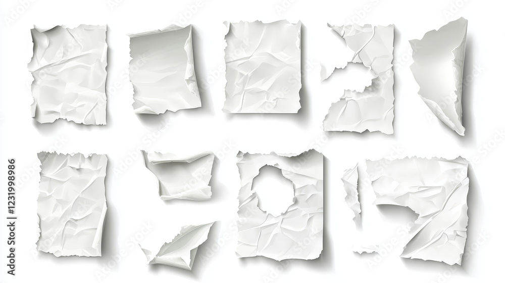 Even and crumpled paper sheets set isolated on background. Vector realistic illustration blank notebook pages with torn edges, memory note or sketch backdrop, draft document, message or letter mockup