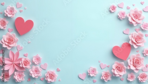 abstract festive background of pink flowers and heart shapes on a soft cyan background for Valentine's Day celebrations