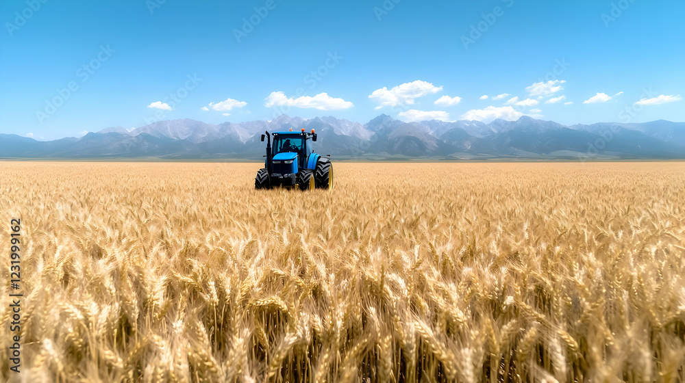 Fototapeta premium Tractor in wheat field, mountains background; agriculture