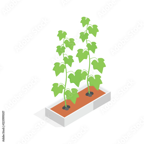 An eye catching isometric icon of a plant in a decorative, square planter.