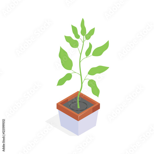 A vibrant green houseplant in a pot, presented in an isometric style.