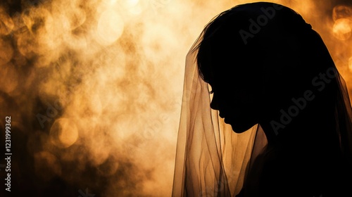 Silhouette of sad bride in profile, delicate veil and dress, elegant hairstyle. Graceful pose, timeless beauty of wedding ceremony. Forced marriage or by arrangement concept. Woman doesn't want.