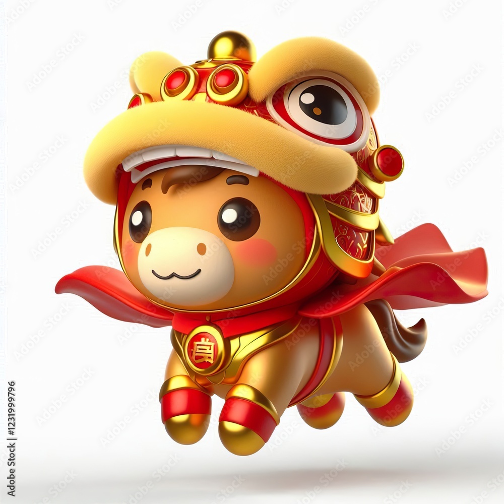 Obraz premium 3D Adorable cartoon gold red happy flying superhero cute horse in a lion dance costume, white background