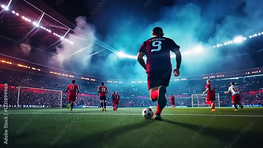 Dynamic Soccer Player Running Towards Goal in Vibrant Stadium