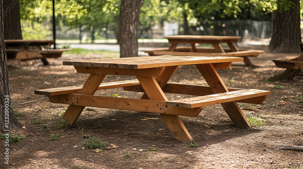 Wooden picnic table with long benches front and side view. Wood furniture for outdoor bbq dining, equipment for park recreation, mockup garden desk isolated on white background. 3D Illustration Wooden picnic table with long benches front and side view. Wood furniture for outdoor bbq dining, equipment for park recreation, mockup garden desk isolated on white background. 3D Illustration