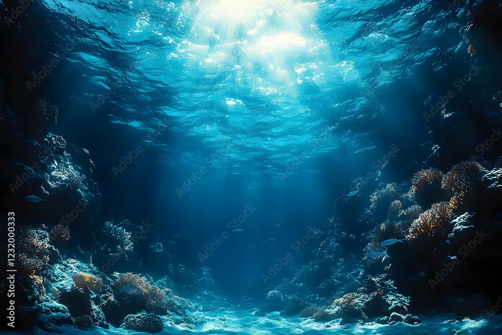 Fototapeta premium Deep Blue Underwater Scene With Sunlight Rays