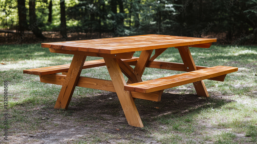 Wooden picnic table with long benches front and side view. Wood furniture for outdoor bbq dining, equipment for park recreation, mockup garden desk isolated on white background. 3D Illustration Wooden picnic table with long benches front and side view. Wood furniture for outdoor bbq dining, equipment for park recreation, mockup garden desk isolated on white background. 3D Illustration