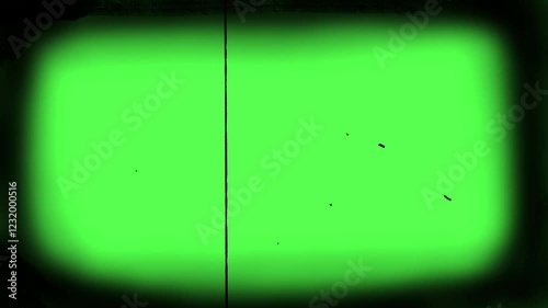 Green screen VHS motion overlay footage. Effect of an old TV with a kinescope on a green screen. Rounded edges of the TV screen. Retro Overlay with grainy noise, light leaks, glitches. Chroma key