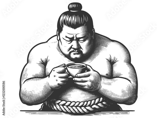 sumo wrestler seated and drinking tea, showcasing Japanese culture with a retro artistic style sketch engraving generative ai vector illustration. Scratch board imitation. Black and white image.
