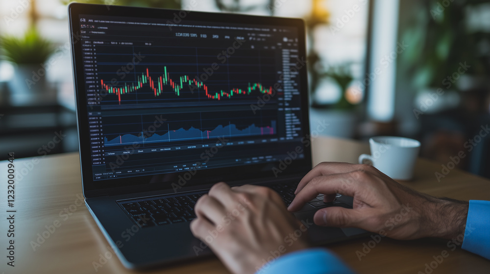 Market Trends Analysis: Close-up of a businessman's hands typing on a laptop, focused on a stock market chart displayed on the screen, depicting the intricate world of finance and investment. Market Trends Analysis: Close-up of a businessman's hands typing on a laptop, focused on a stock market chart displayed on the screen, depicting the intricate world of finance and investment.
