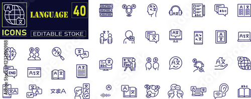 Set of outline linguistics icons. Minimalist thin linear web icon set. language skills, speech, writing, linguistics, translator and others. Language outline icons collection. Vector illustration .