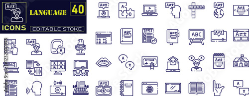 Set of outline linguistics icons. Minimalist thin linear web icon set. language skills, speech, writing, linguistics, translator and others. Language outline icons collection. Vector illustration .