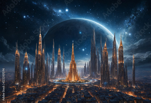 celestial city floating among the stars, with glowing towers and ethereal architecture, creating a sense of wonder and grandeur photo