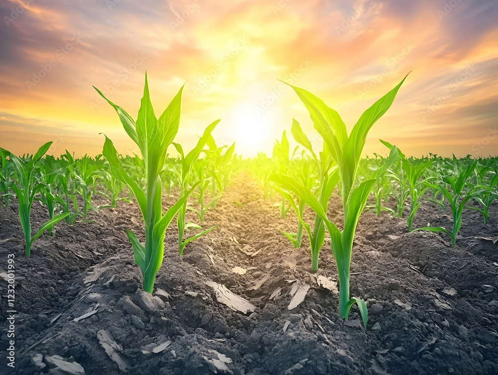 Fototapeta premium Young corn plants at sunset. Agriculture field