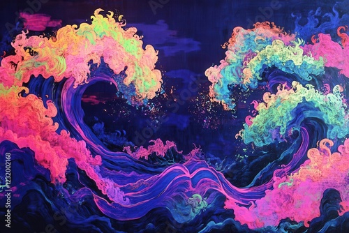 Obraz na płótnie contemporary ukiyo-e storm waves in electric neon colors, cyberpunk meets traditional japanese art, dynamic composition w salonie