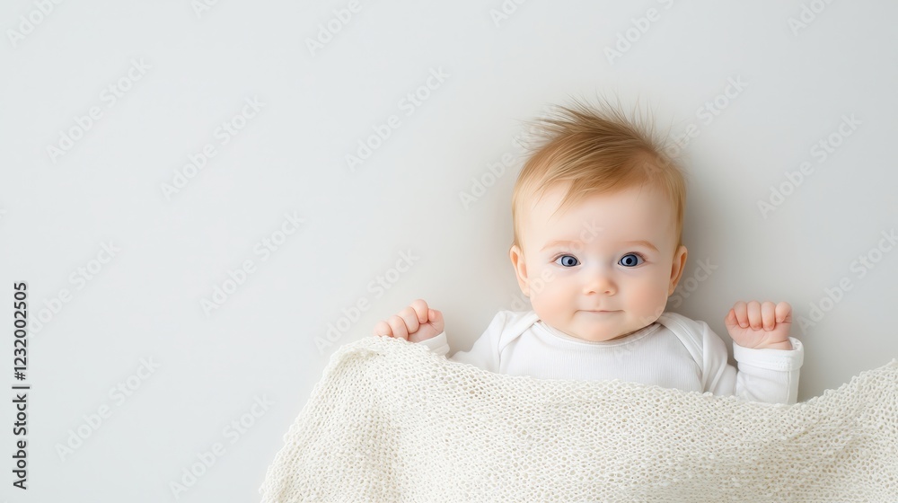 A baby is laying in a blanket, looking up at the camera with a smile on its face A baby is laying in a blanket, looking up at the camera with a smile on its face
