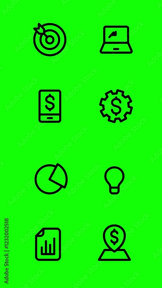 Iconos de negocios y tecnología animados en fondo verde brillante