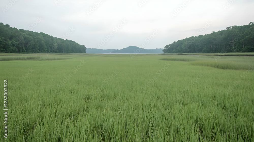 Obraz premium Serene coastal marsh at dawn, tranquil waters, distant hills, nature photography
