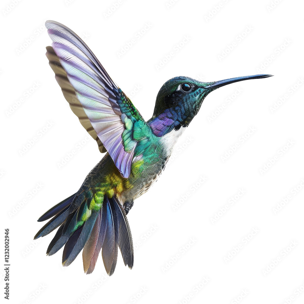 Obraz premium Close-up of a vibrant hummingbird in mid-flight, showcasing its colorful feathers and delicate form against a white background.