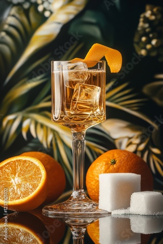 A champagne cocktail with a sugar cube and orange twist in a flute glass photo